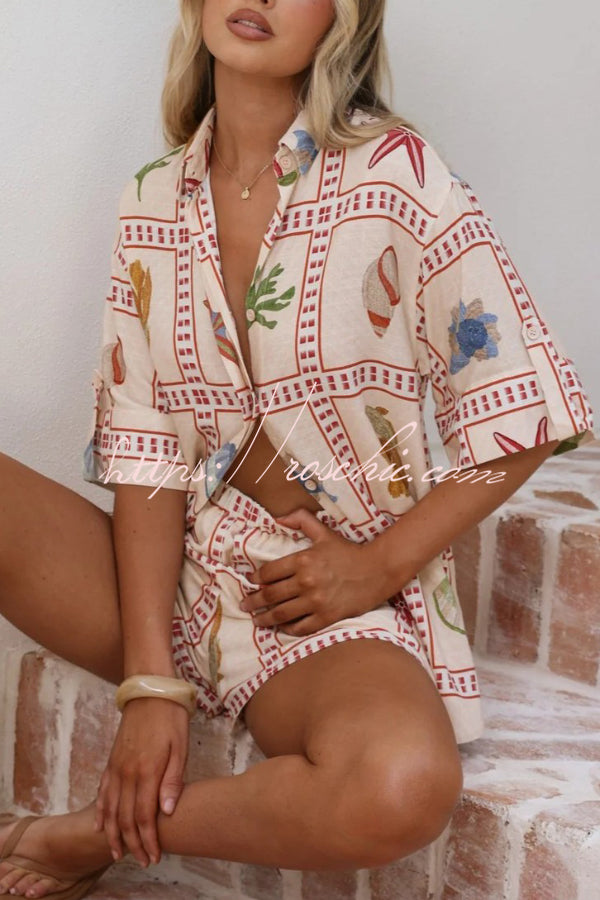 Linen Blend Shell Print Loose Short-sleeved Shirt and Elastic Waist Pocket Casual Shorts Set