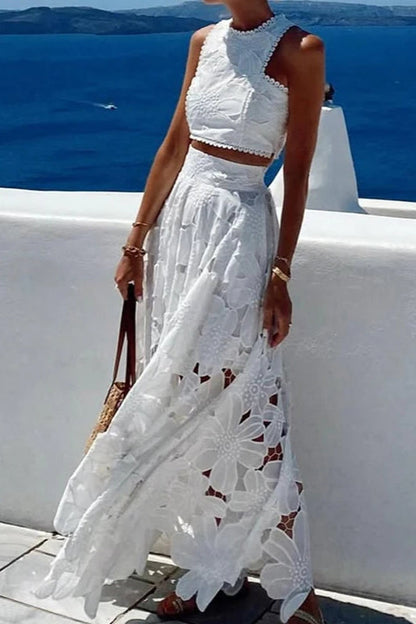 Vestido Boho Suelto de Dos Piezas de Playa con Encaje Calado