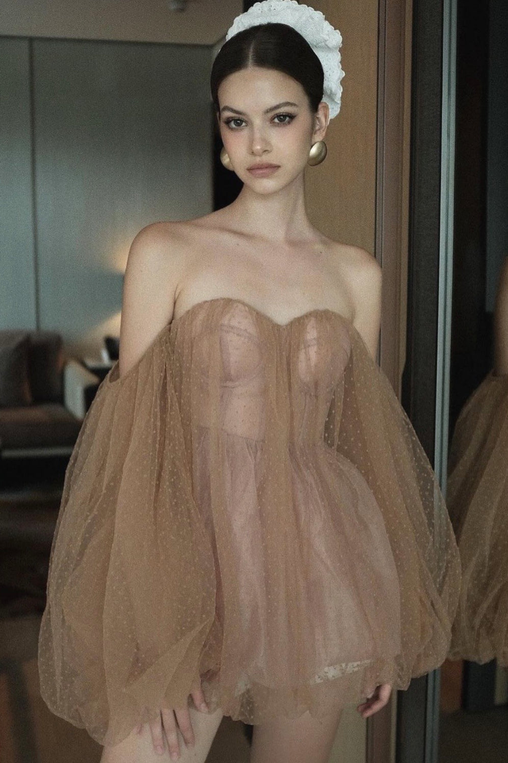 Minivestido Dulce y Atractivo sin Tirantes con Mangas Abullonadas