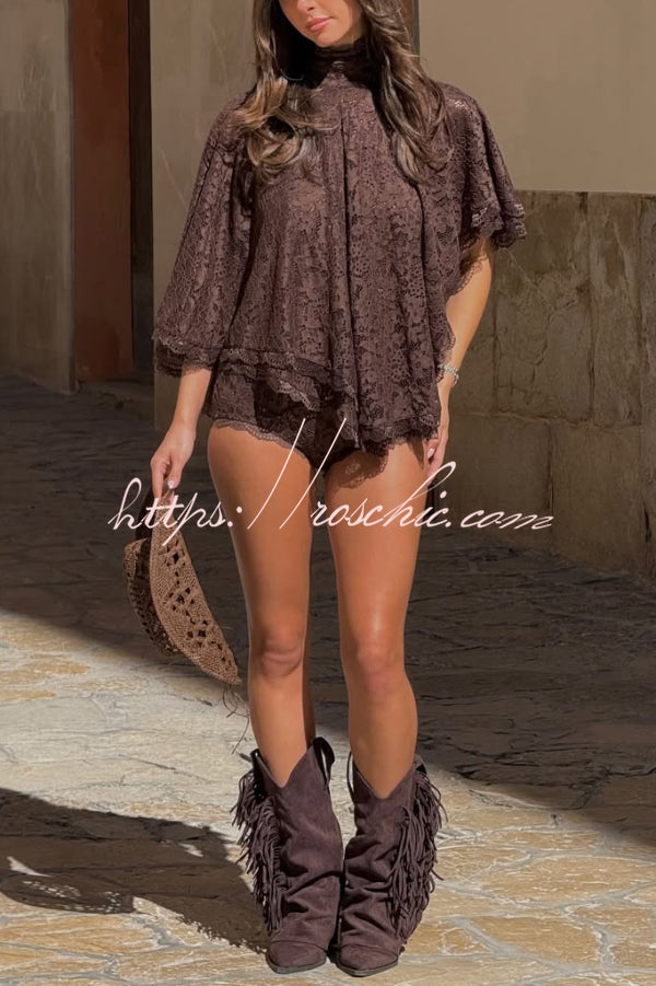 Stylish Openwork Lace Loose Top and Side Zipper Slim-fit Shorts Set