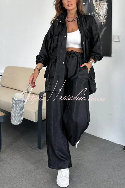 Easy on Me Metallic Fabric Elastic Waist Pocketed Wide Leg Pants (Shipped Within 24 Hours)