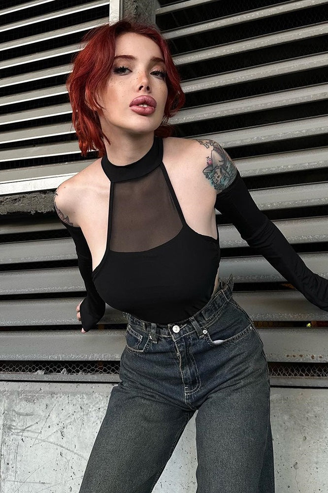 Mesh Cutout Stretch Long Sleeve  Bodysuit