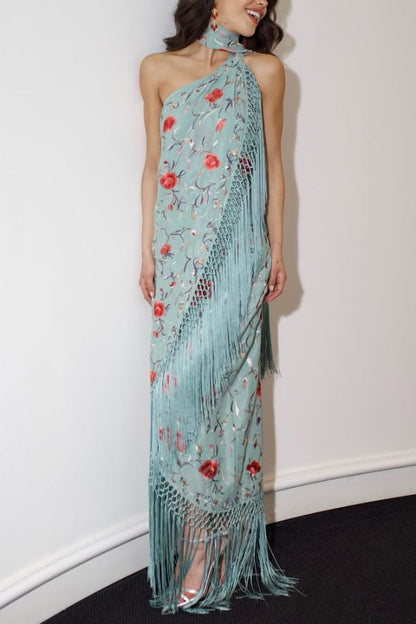 Floral Print Halter Neck Sleeveless Elegant Tassel Maxi Dress
