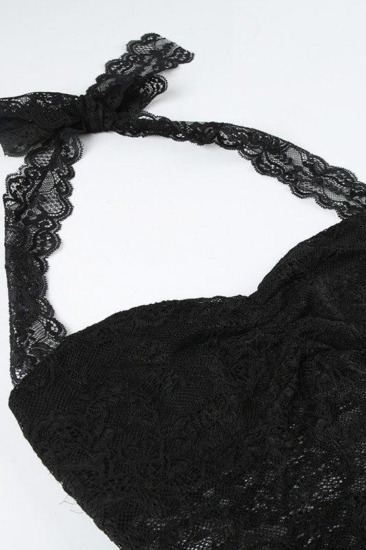 Top halter sexy entallado con lazo y fruncido de encaje