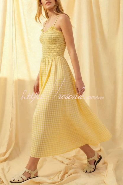 Stylish Plaid Print Spaghetti Strap Ruched Casual Pocket Maxi Dress