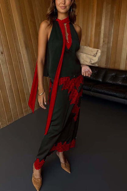 Sunday Social Contrast Color Satin Lace Trim Mid Rise Maxi Skirt (Shipped Within 24 Hours)