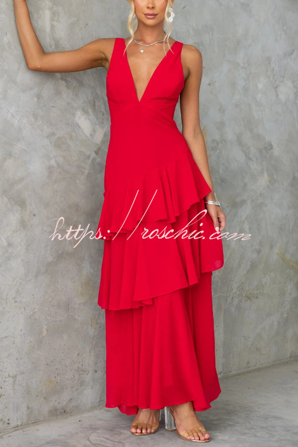 Solid Color V-neck Sleeveless Elegant Layered Maxi Dress