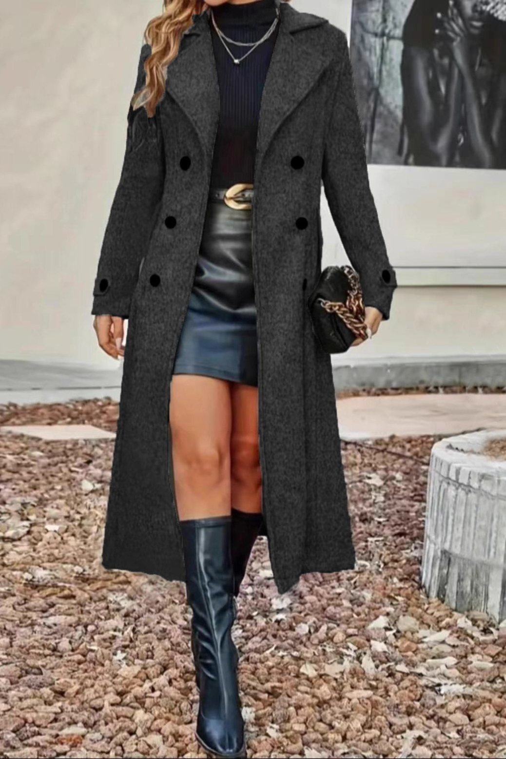 Abrigo Chic Cruzado con Solapas de Mezcla de Lana