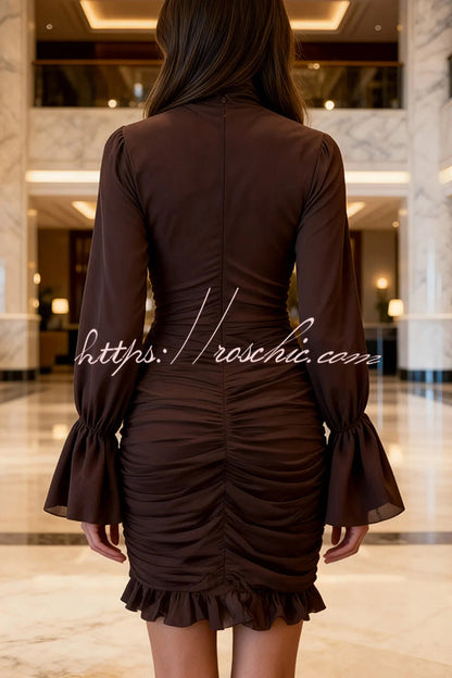 Sexy See-through Tulle High-neck Waist Pleated Ruffle Mini Dress