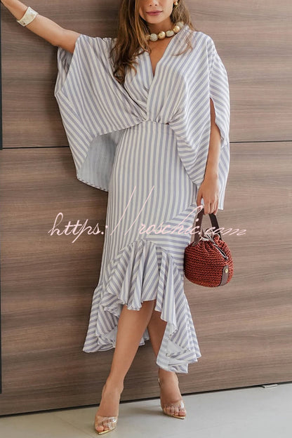 Tierra Striped V-neck Batwing Sleeve Loose Shirt and High Waist Irregular Fishtail Hem Midi Skirt Set