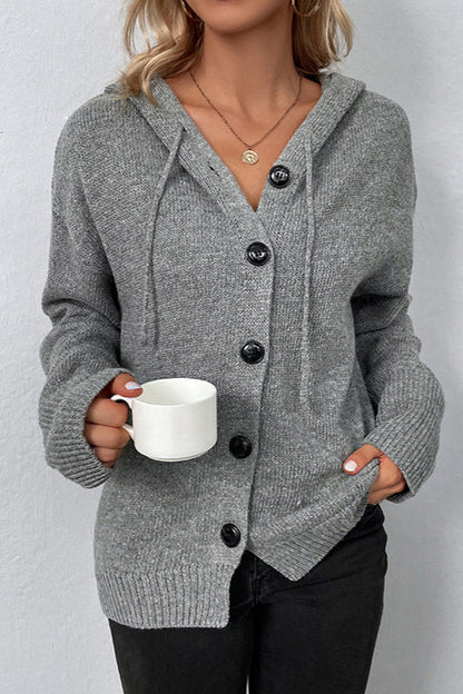 Solid Color Hooded Button Drawstring Knit Cardigan