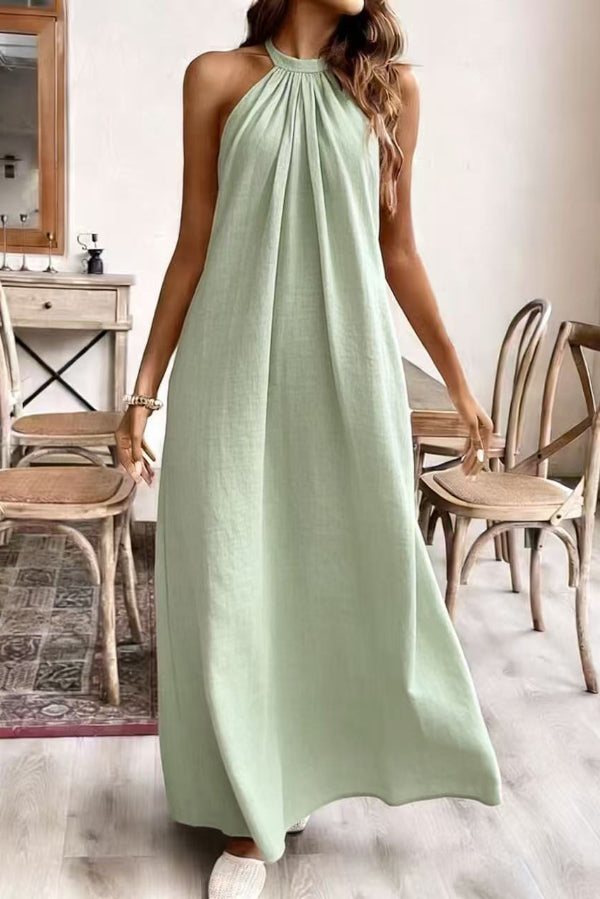 Solid Color Loose Halter Neck Backless Casual Maxi Dress