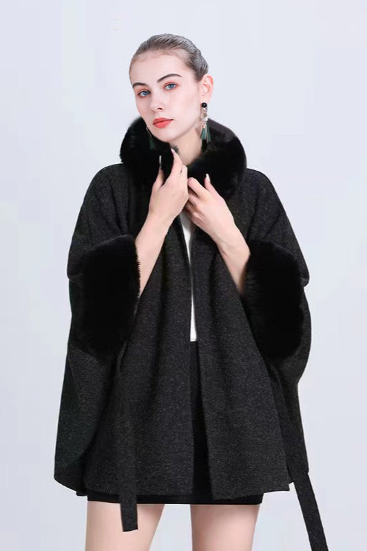 Cárdigan de punto con cuello de piel y lazo, capa suelta de mezcla de lana