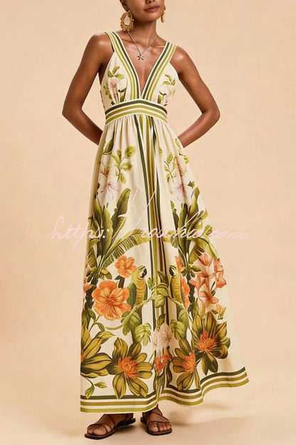 Botanical Print V-neck Backless Pleated Casual Vacation Maxi Dress