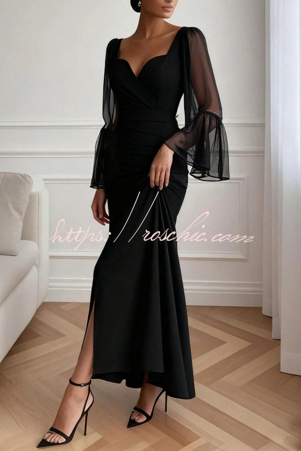 Solid Color V-neck Flared Long Sleeve Elegant High Slit Maxi Dress