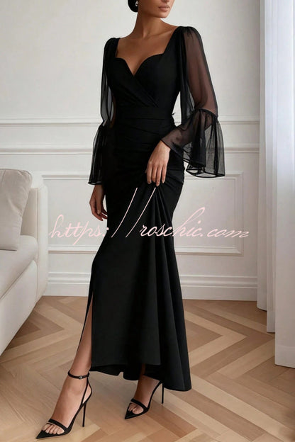 Solid Color V-neck Flared Long Sleeve Elegant High Slit Maxi Dress