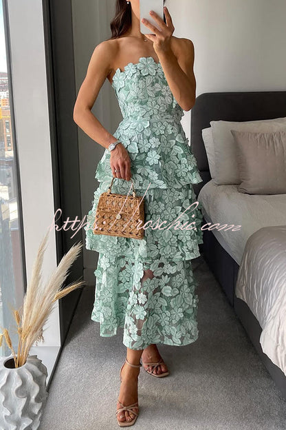 Cocktail Events 3D Embroidery Floral Detail Off Shoulder Tiered Hem Maxi Dress