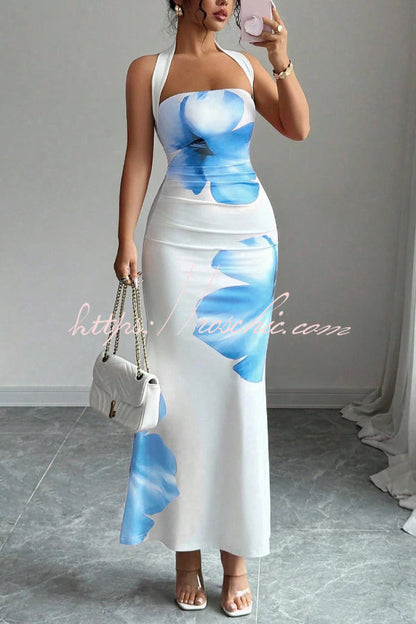 Floral Print Halter Neck Backless Slim-fit Maxi Dress