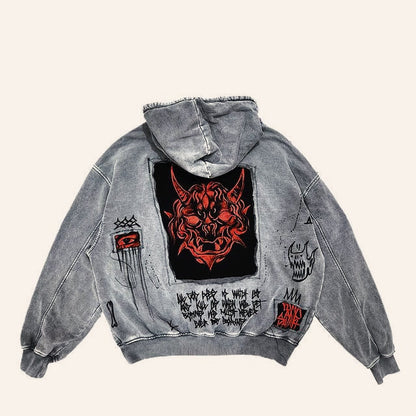Heavy Washed Demon Print Hoodie