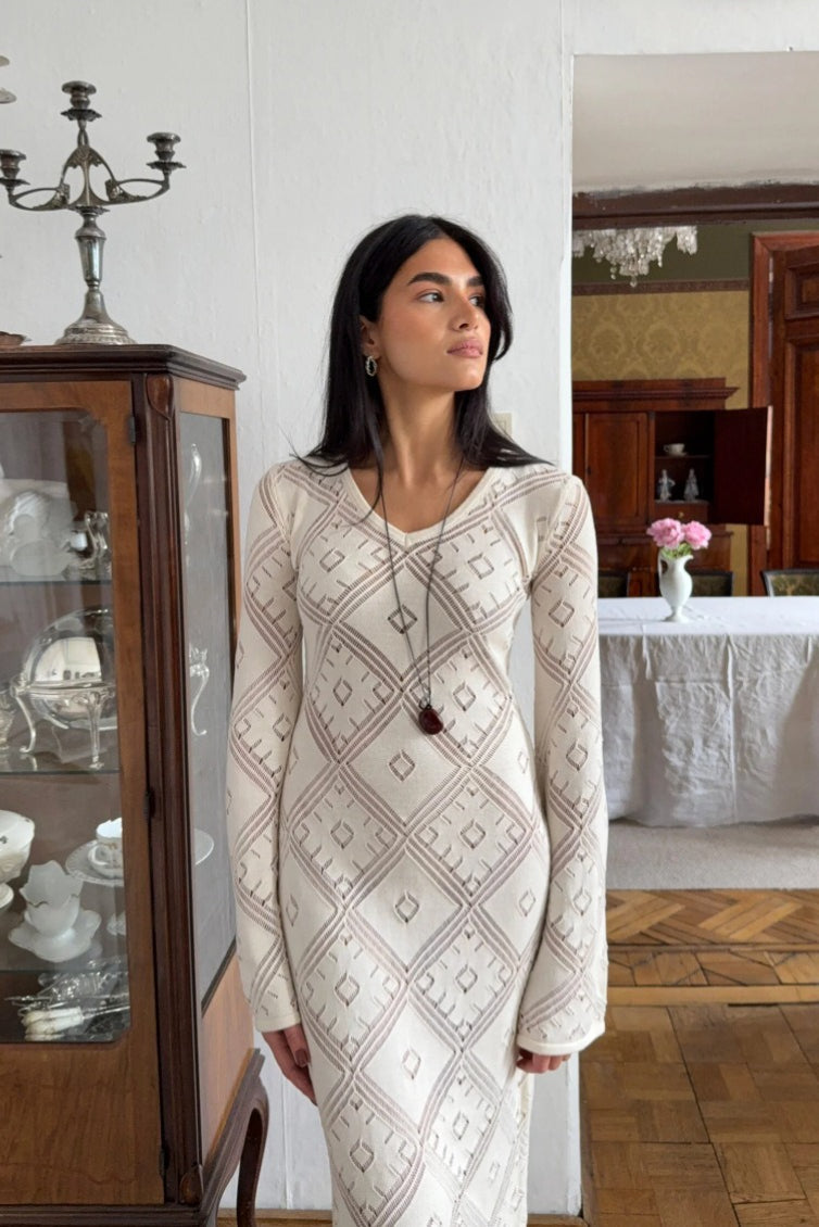 Vestido maxi de punto argyle jacquard de manga larga