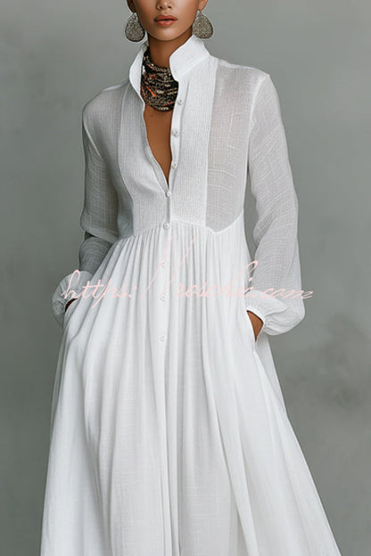 Solid Color Stand Collar Long Sleeve Casual Pocket Maxi Dress