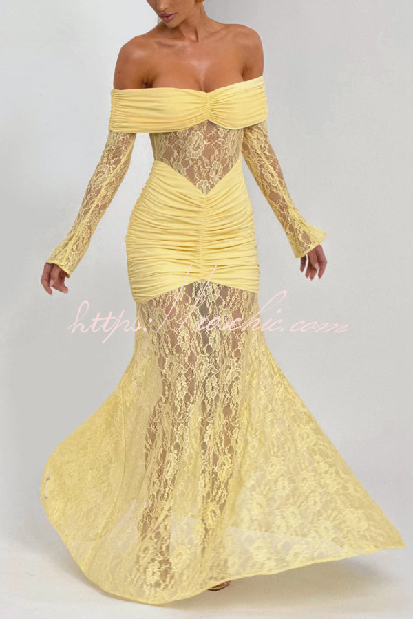 Solid Color Patchwork Lace Off-shoulder Long-sleeved Pleated Slim-fit Maxi Dress