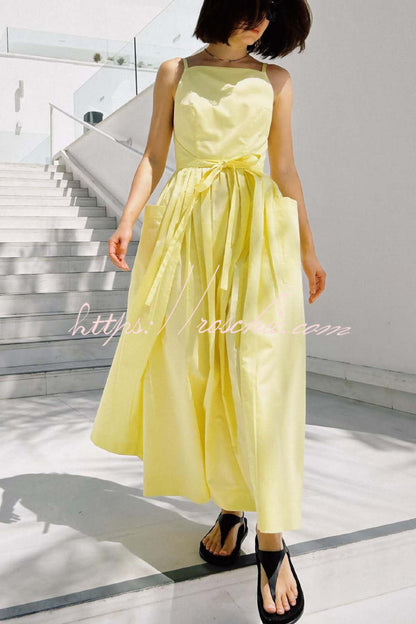 Solid Color Sleeveless Side Slit Tie-up Casual Vacation Pocket Maxi Dress