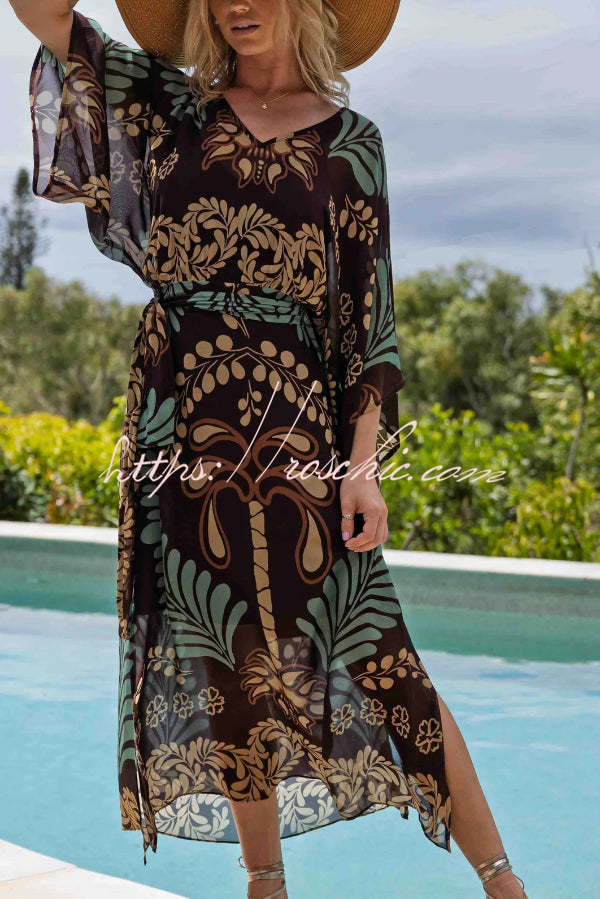 Bohemian Style Unique Printed Chiffon Loose-fitting Belted Maxi Dress