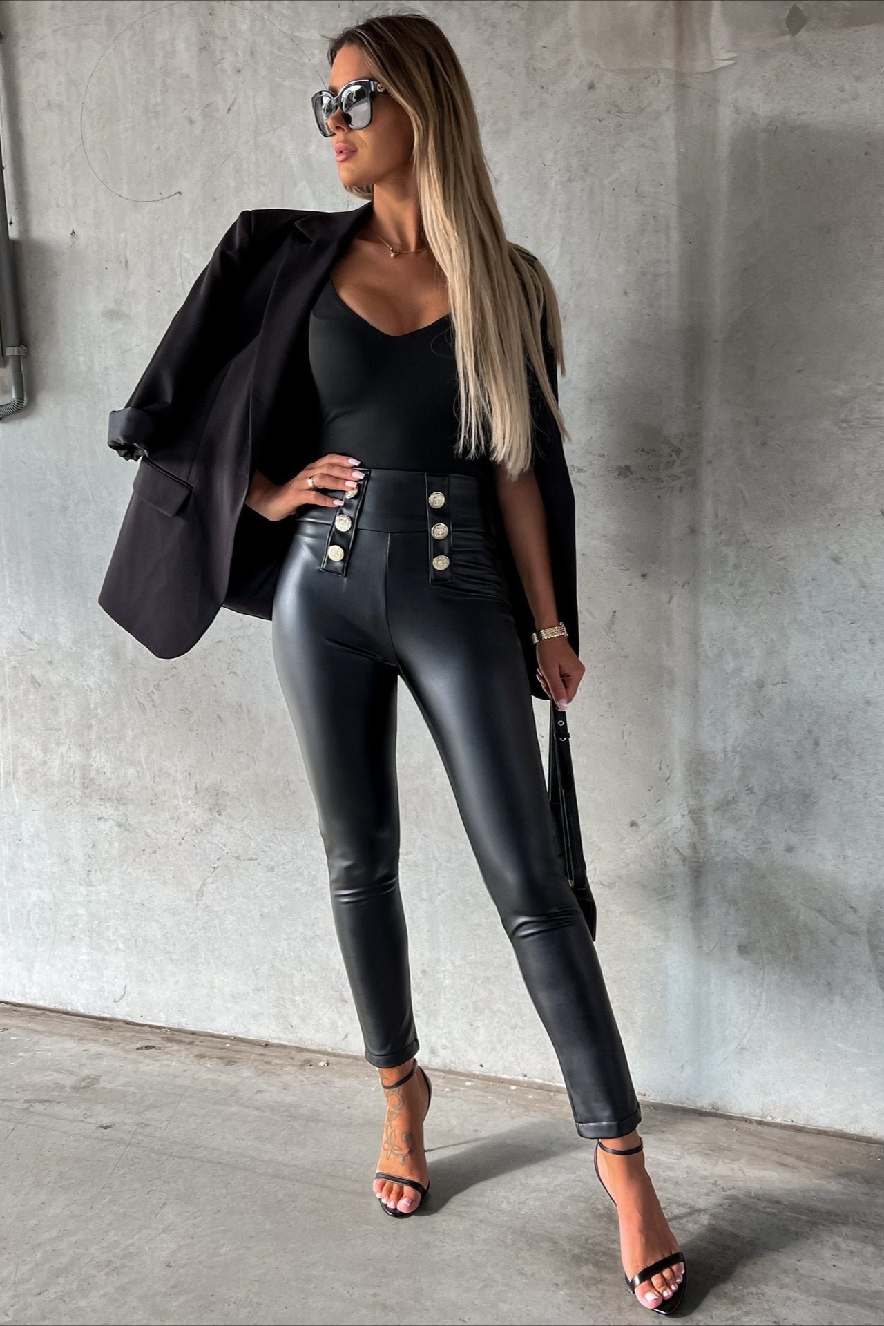 Buttoned PU Slim Fit  Tight Casual Fashion Pants