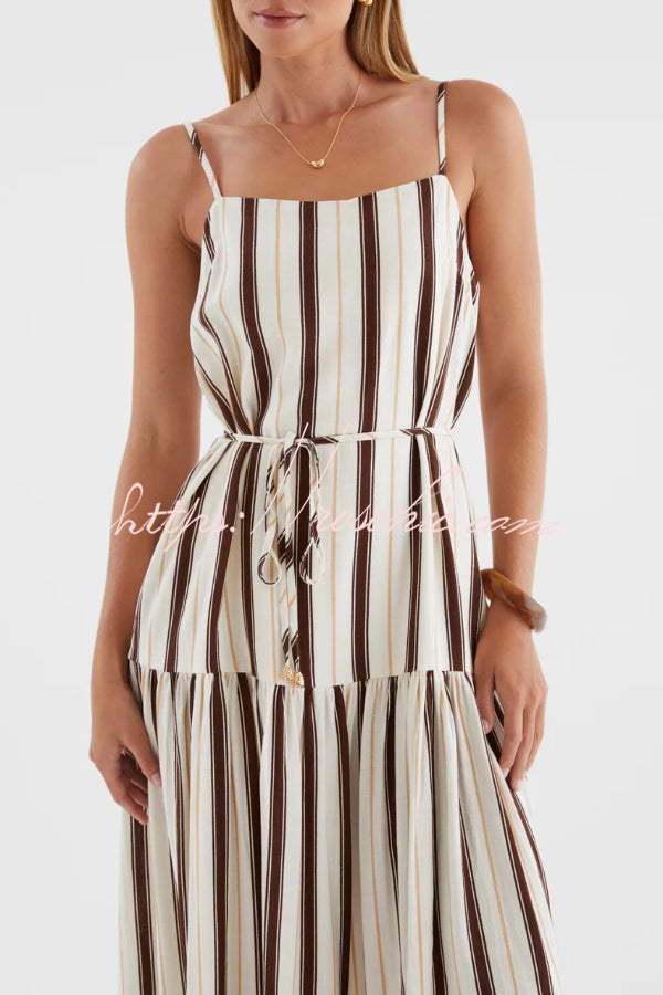 Striped Printed Spaghetti Strap Sleeveless Tie-up Casual Vacation Maxi Dress