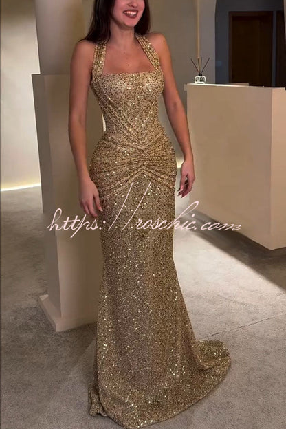 Velda Sequin Halter Square Neck Ruched Waist Back Lace-up Drape Flare Maxi Dress