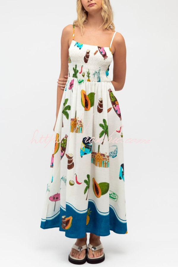Summer Printed Square Neck Spaghetti Strap Pleated Waist Casual Maxi Dress