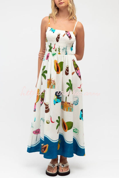 Summer Printed Square Neck Spaghetti Strap Pleated Waist Casual Maxi Dress