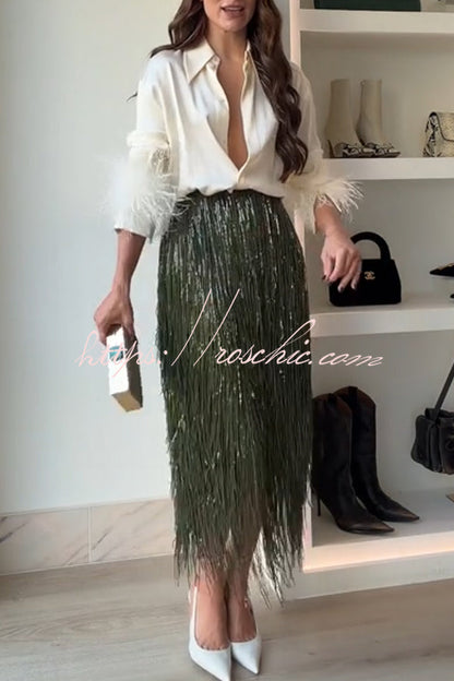 Party Crasher Feather Trim Long Sleeve Button Up Loose Blouse (Shipped Within 24 Hours)