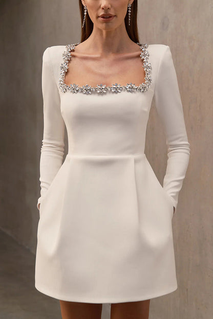 Endless Celebration Velvet Jewel Embellished Trim Long Sleeve Pocketed Mini Dress (Shipped Within 24 Hours)