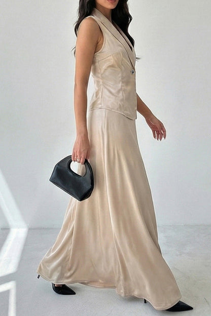 Satin Solid Color Sleeveless Button-down Vest and Elegant Draped Maxi Skirt Set