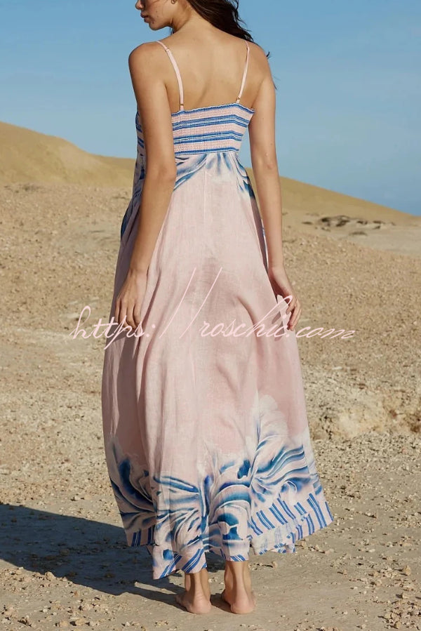 Unique Print Square Neck Spaghetti Strap Back Gathered Maxi Dress