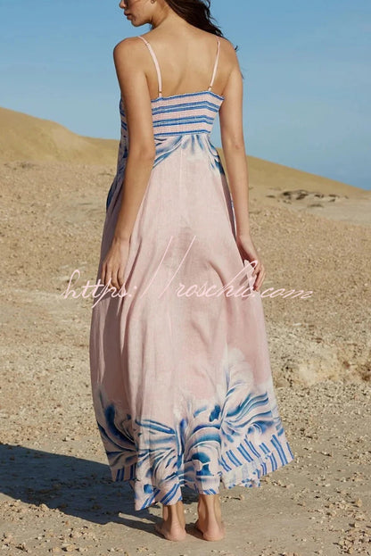 Unique Print Square Neck Spaghetti Strap Back Gathered Maxi Dress