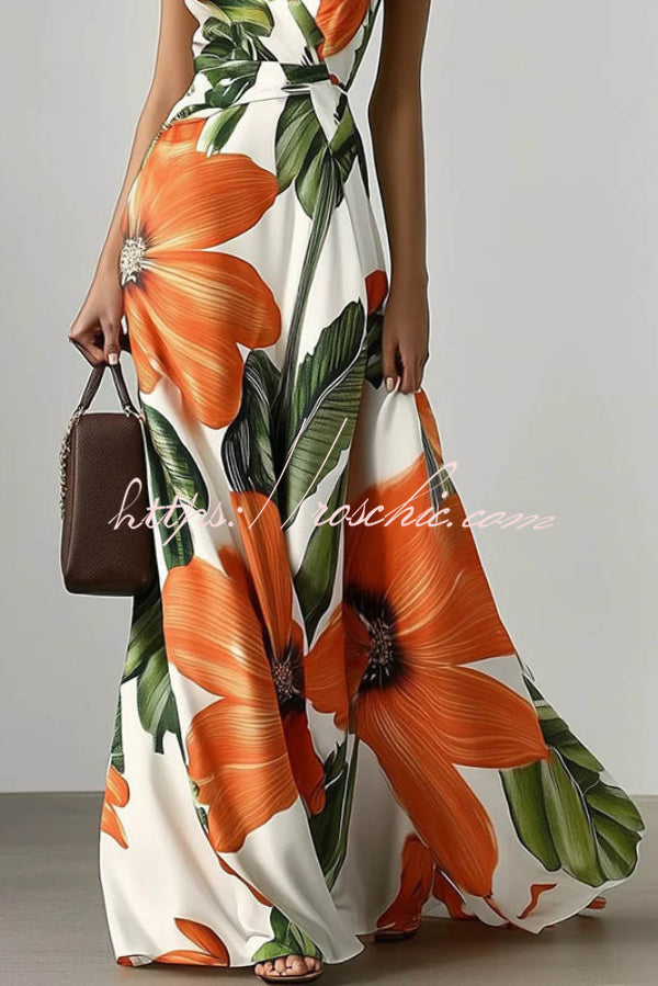 Floral Print V-neck Sleeveless Fitted Waist Vacation Maxi Dress