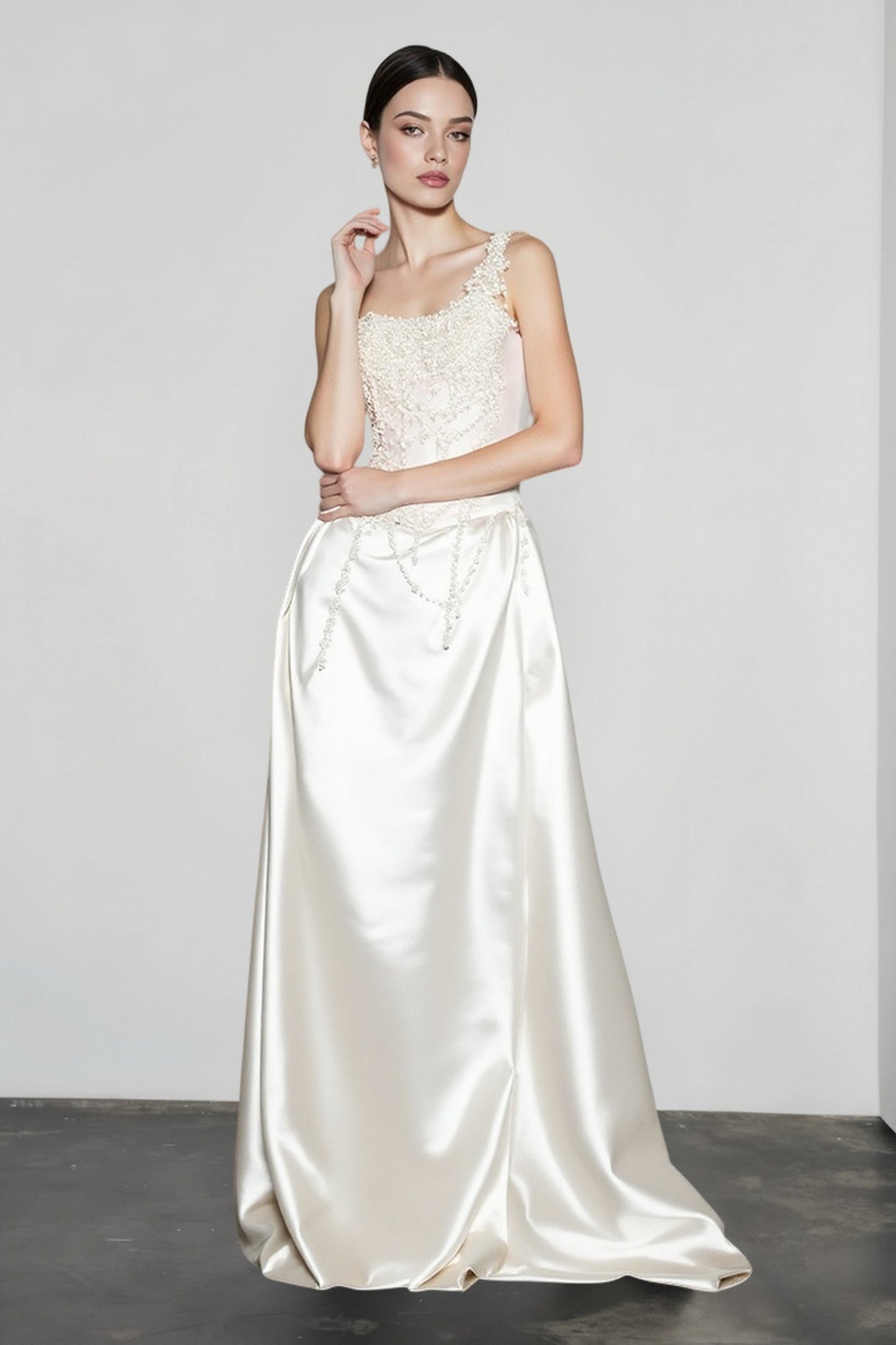 French Strapless Satin Pearl Prom Dress