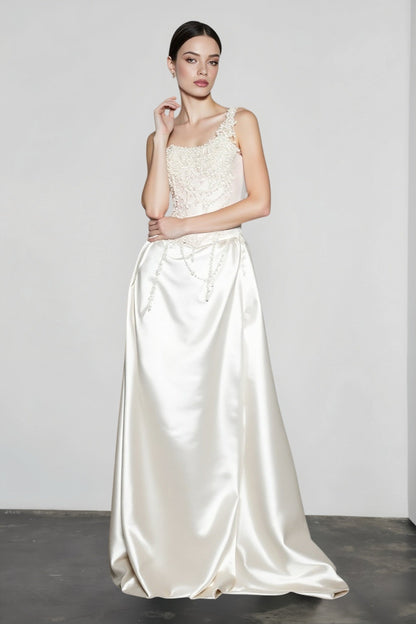 French Strapless Satin Pearl Prom Dress