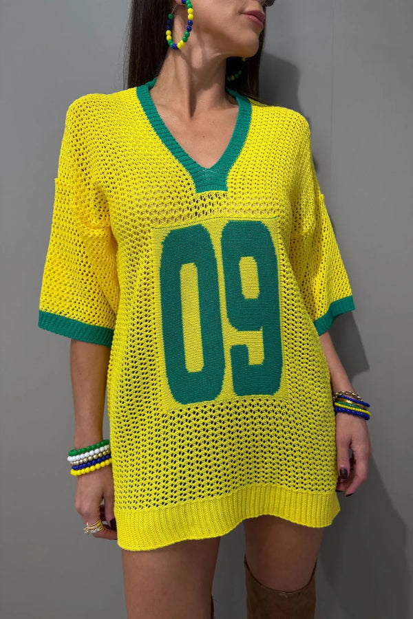 World Cup Digital Jacquard Loose V-neck Short-sleeved Knit Top