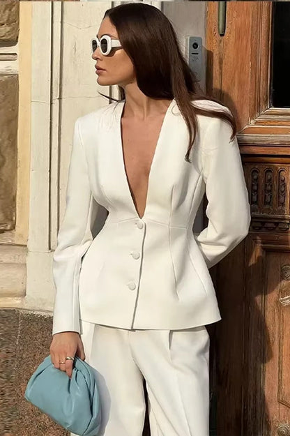 White Deep V-neck Blazer Pants Office Two Piece Set
