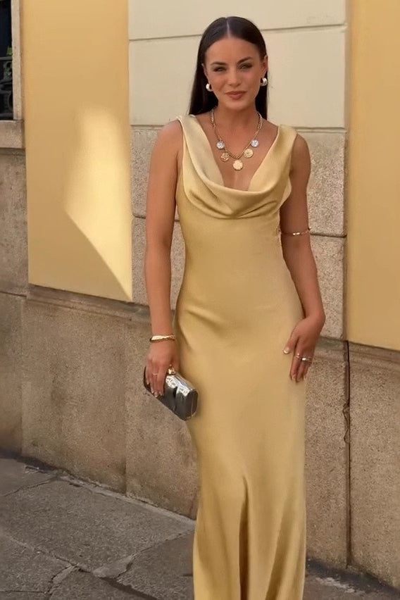 Draped Neck Backless Waist Cinch Elegant  Formal Dress