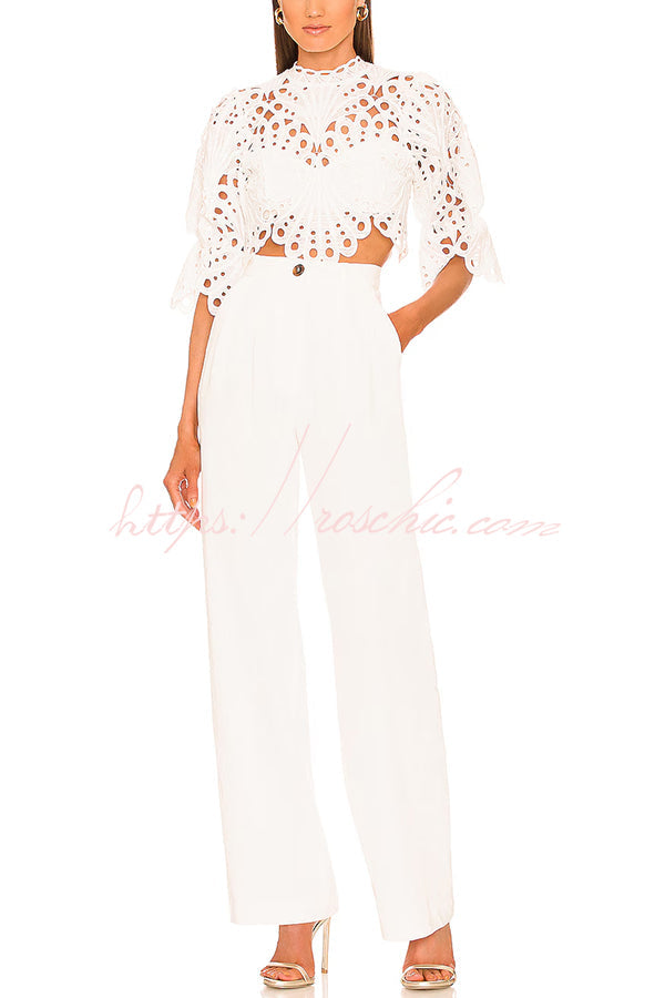 Fiji Embroidered Cutout Scallop Pattern High Neck Half Puff Sleeve Crop Top