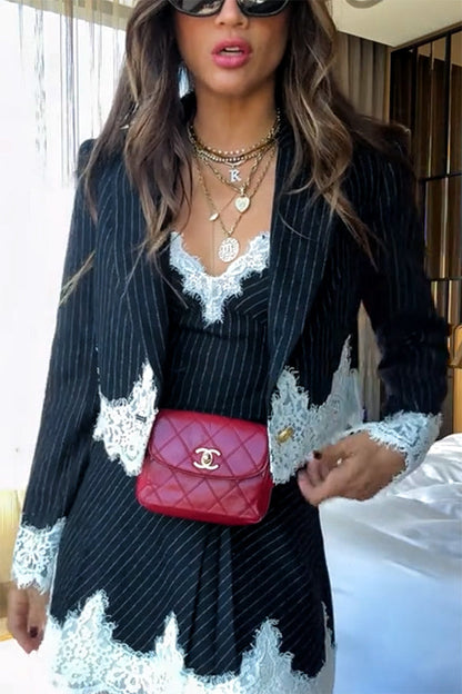 Emily in Paris Striped Lace Trim Lapel Crop Loose Blazer (Shipped Within 24 Hours)