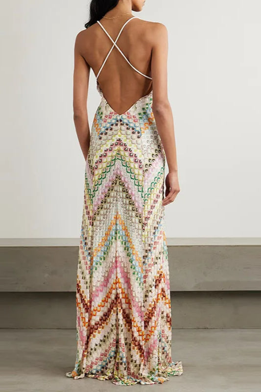 Vestido Boho con Cuello en V y Colores en Contraste