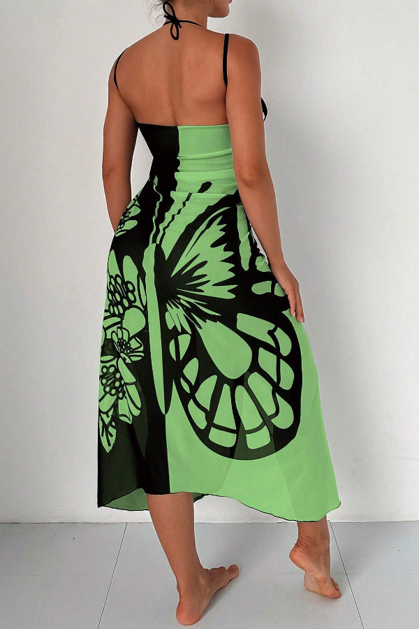 Fashionable Color-blocked Butterfly Print Resort Cover-up Midi Dress