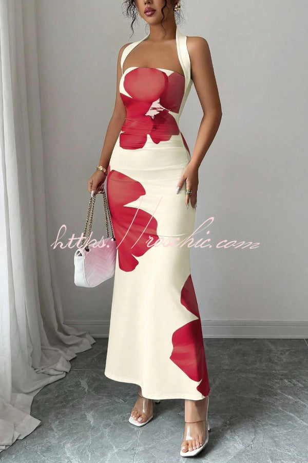 Floral Print Halter Neck Backless Slim-fit Maxi Dress