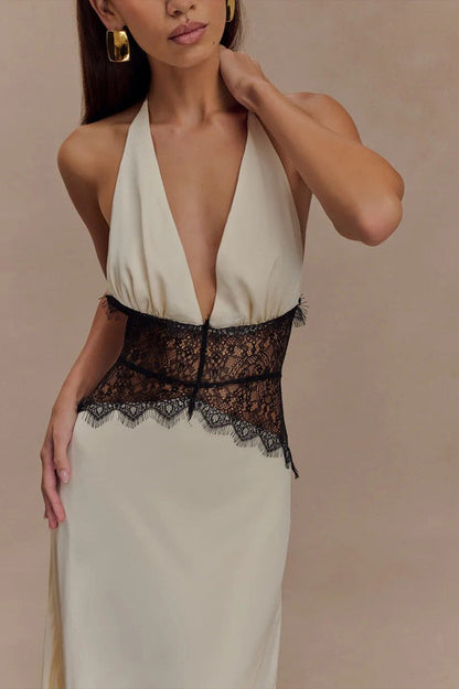 Deep V High-Waist Halter Backless Midi Silk Dress